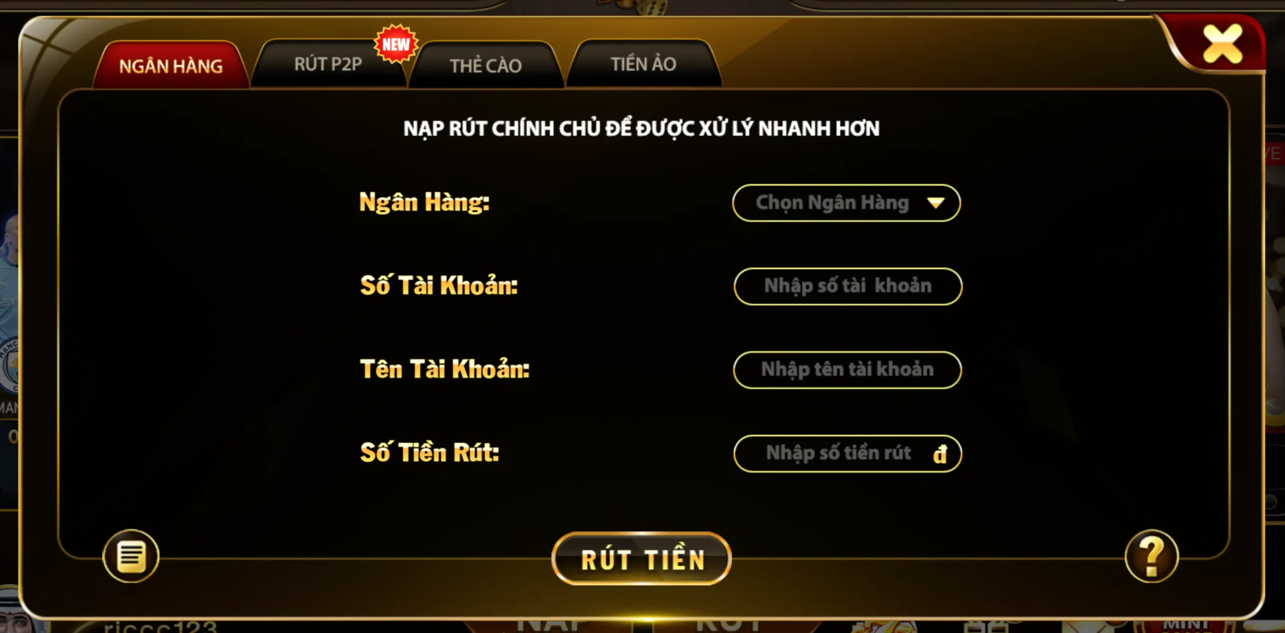 Rút tiền thưởng về tài khoản RICWIN